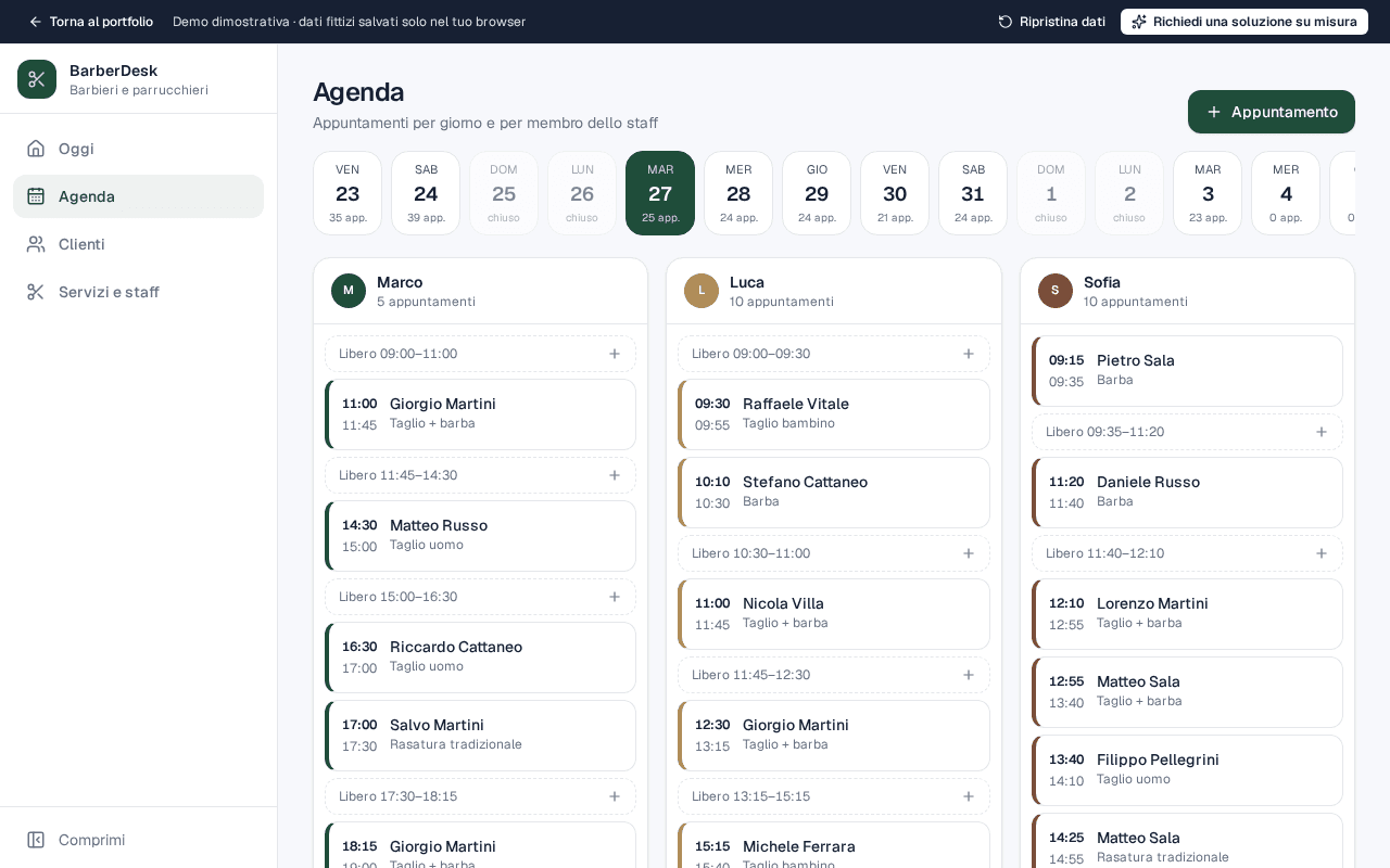 BarberDesk: agenda per membro dello staff — schermata con dati fittizi