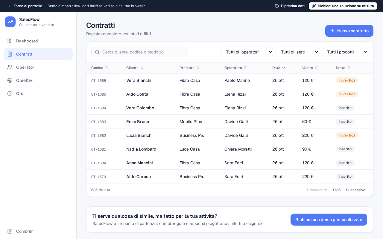 SalesFlow: registro con stati, ricerca e filtri — schermata con dati fittizi